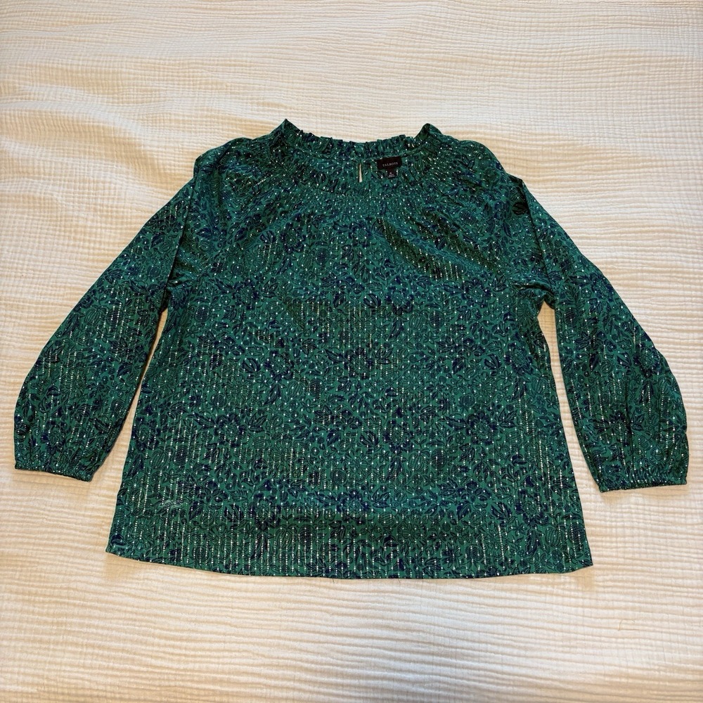 Talbots Blouse Womens Sz XL Green Blue Floral Metallic Blouse sketched floral